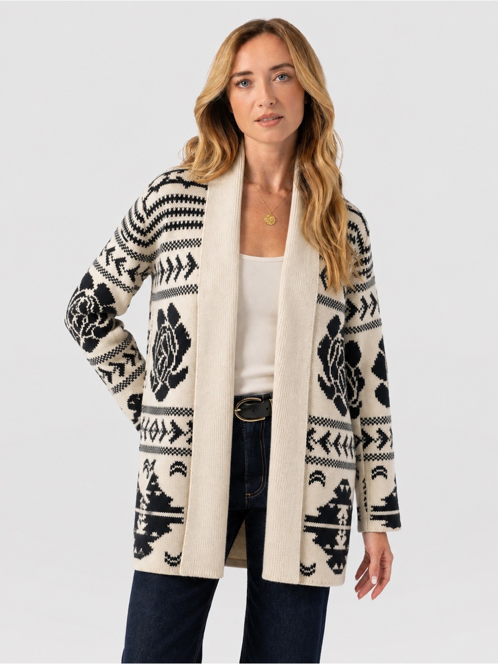 BB DakotaCardigan Sweater Small | Ivory Black Southwestern Fair Isle Floral